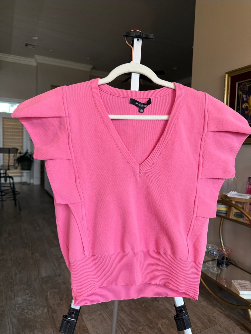 Strut & Bolt Bright Pink V-Neck Ruffle Sleeve Knit Tank